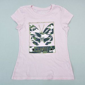 Children’s Place Camo Butterfly Pink Glitter Graphic Shirt Girl’s Size S 5/6
